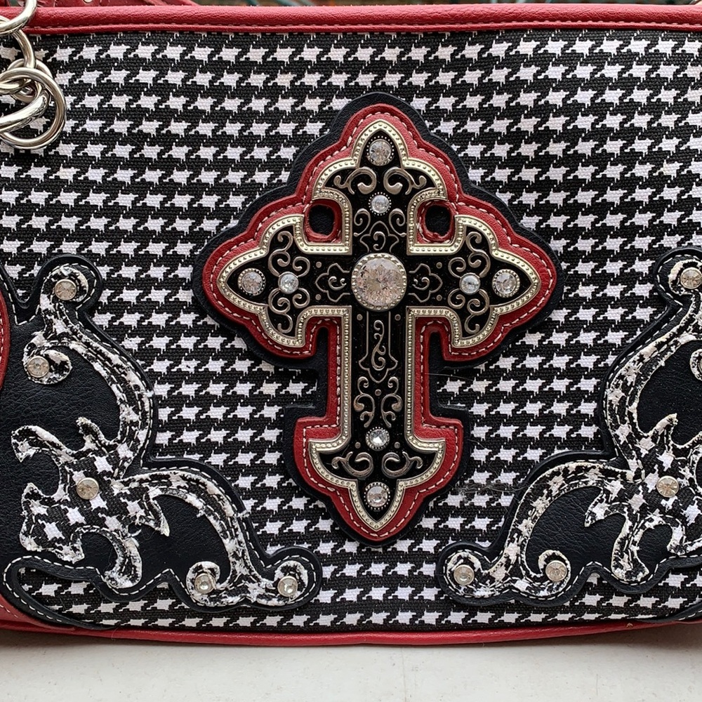 Black/white Houndstooth cloth shoulder bag with red trim, gems & Cross detail